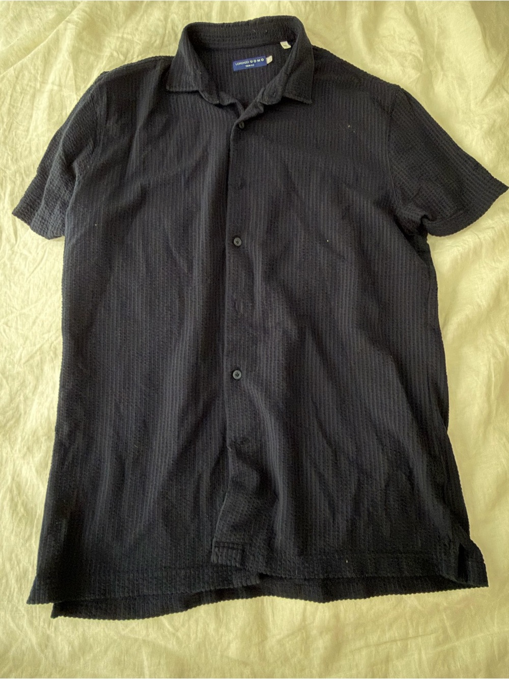 Lorenzo Uomo Navy Seersucker Short-Sleeve Button Down Shirt